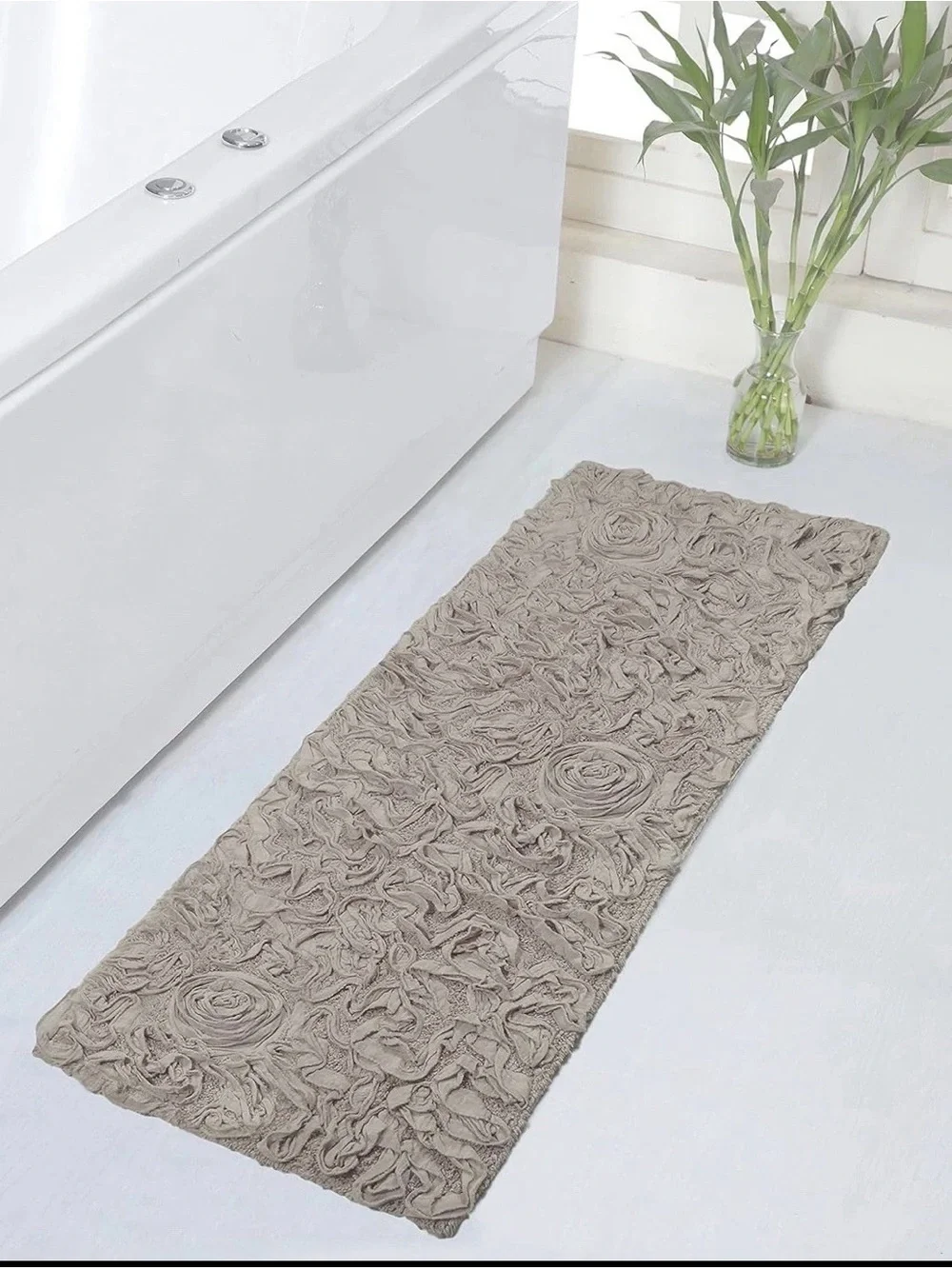 NWT Home Weavers Bell Flower Boho Bath Rug Set 21” x 54” & 17” x 24” Linen Color